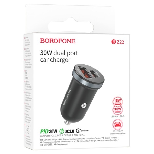 АЗУ 1USB+1USB-C Borofone BZ22, кабель Type-C->Lightning, PD30W, QC3.0 черный (85139)