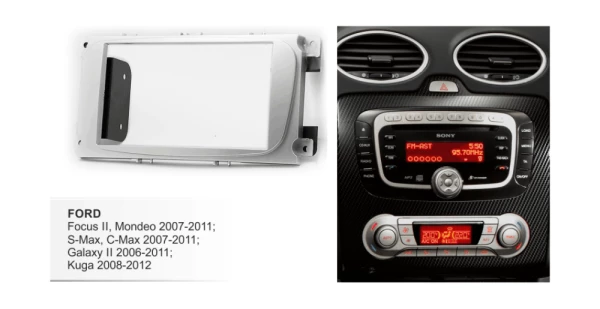 Рамка Ford Focus 2 (Sony), S-Max 07+, Mondeo 07+, серебро 2 Din с металлическими креплениями