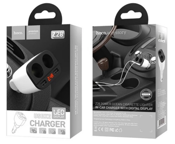 Разветвитель прикуривателя Hoco Z28, 2USB+2АЗУ, белый
